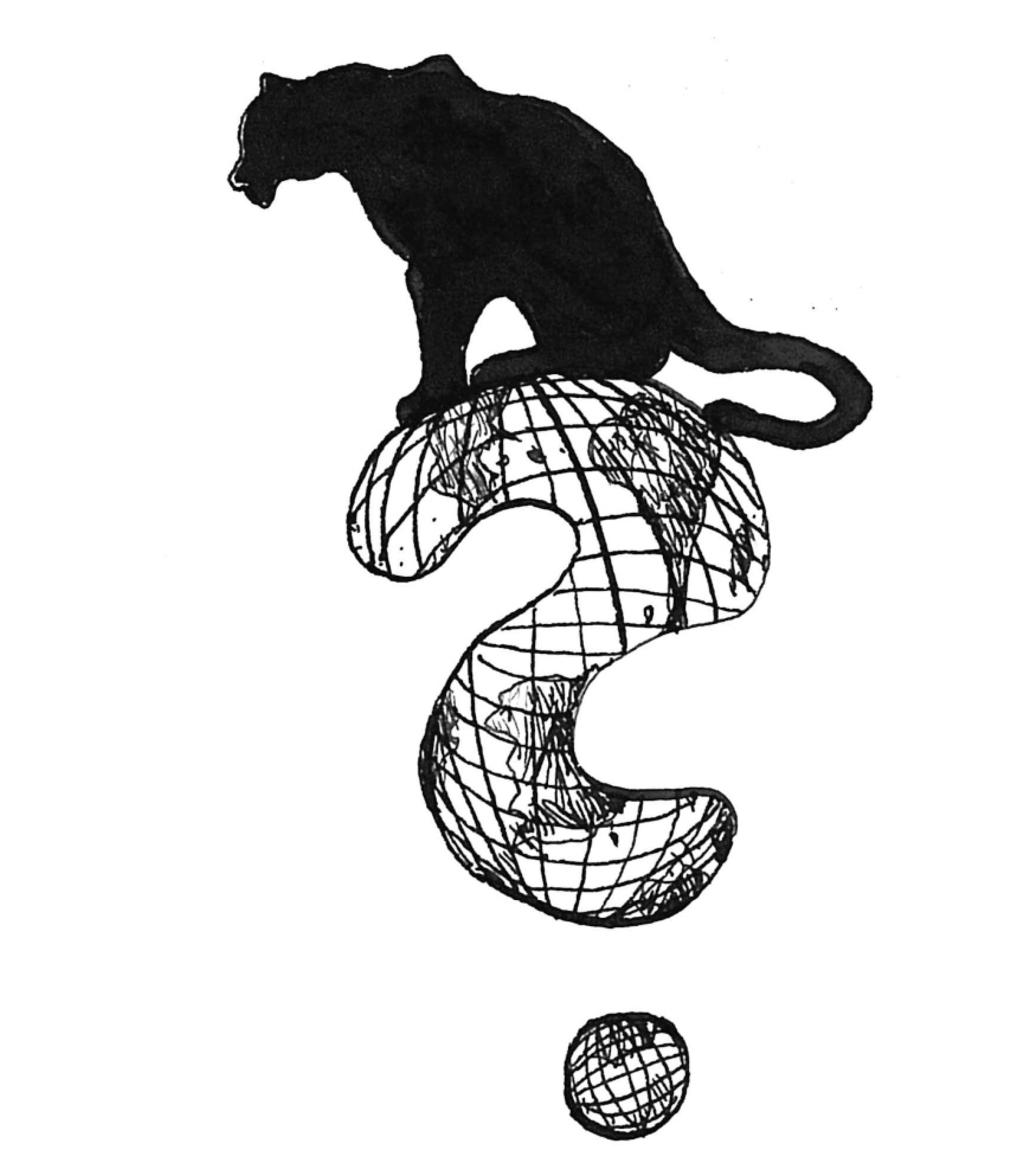 Schwarz-Weiß-Zeichnung: Ein Panther sitzt auf einer Weltkarte in Form eines Fragezeichens